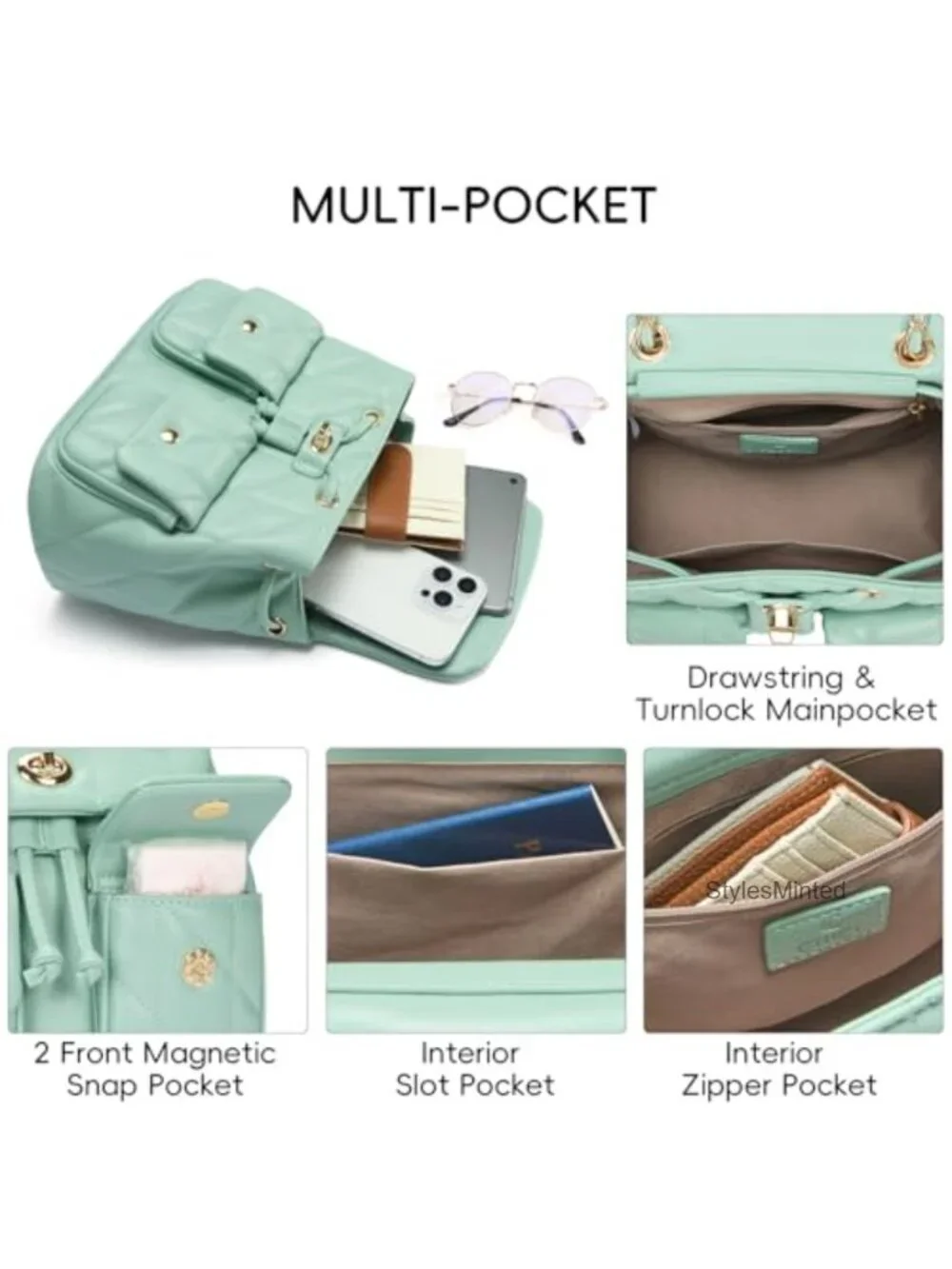 PU Leather Convertible Crossbody Backpack Purse Quilted Vegan Leather